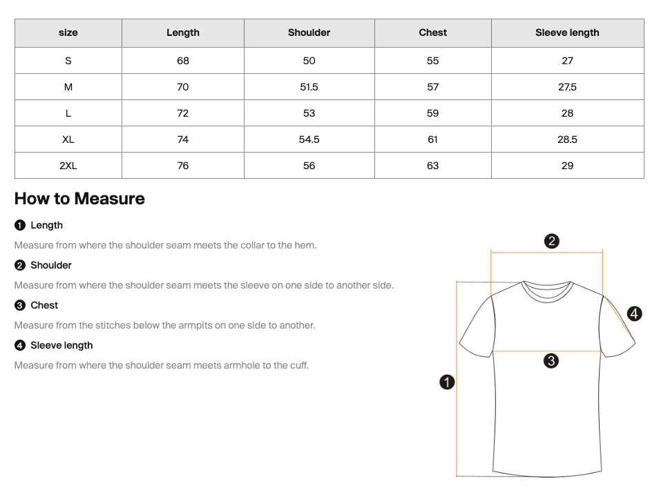Size guide for Essential Tee - White Type