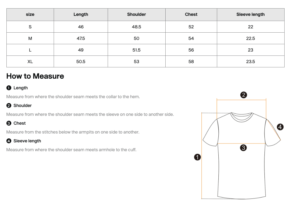 Size guide for Raw Crop Top - White Type