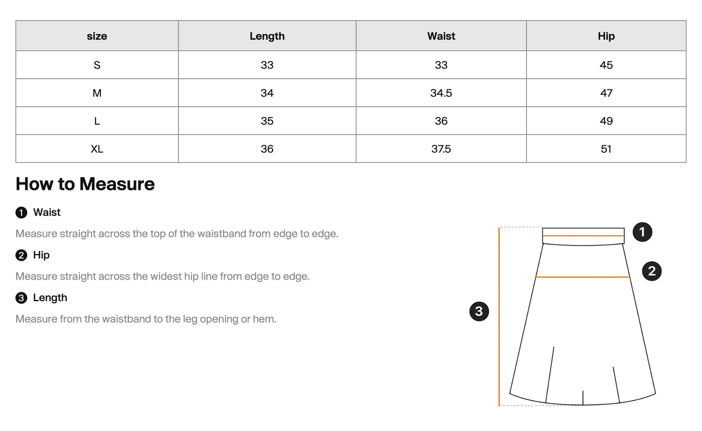 Size guide for Taped Short Skirt - Blank