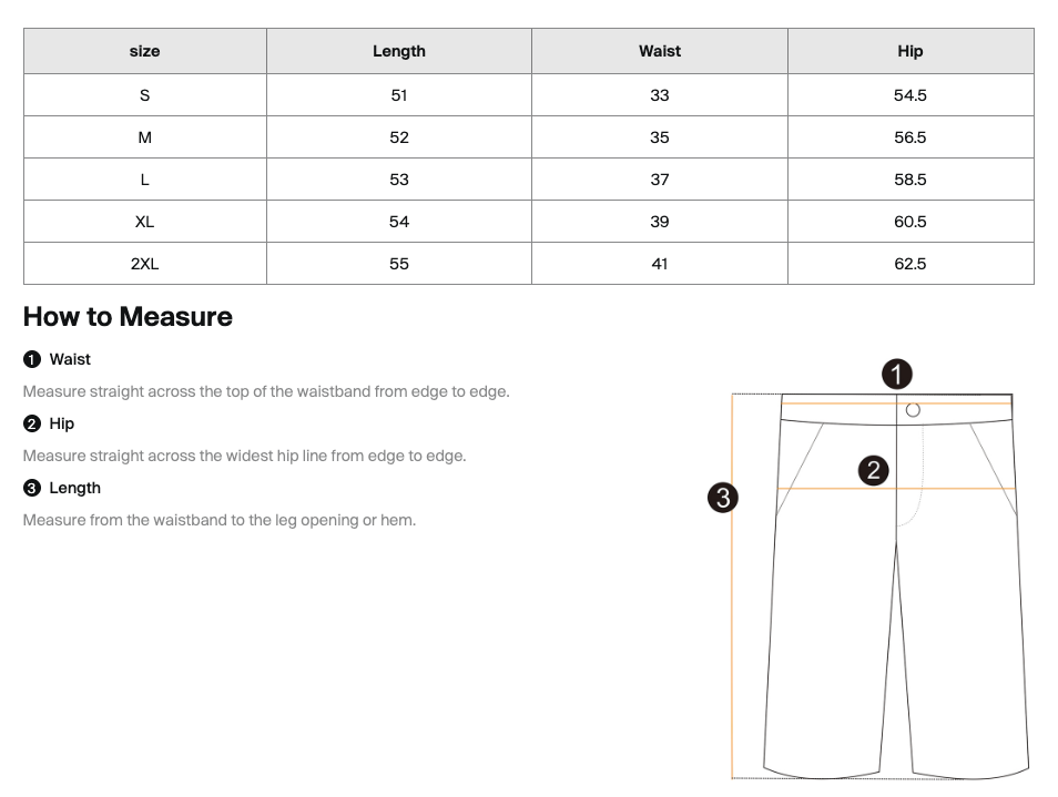Size guide for Waffle Shorts - Blank